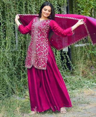 Pink festive wear designer chinon sequence embroidery work readymade suit 2