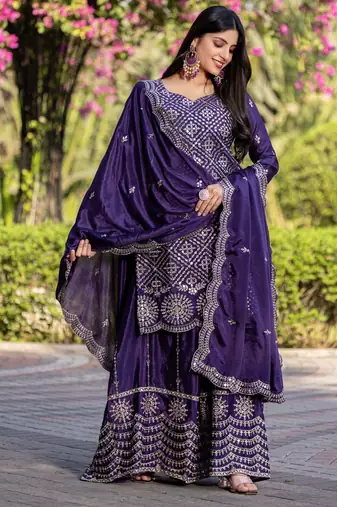 Purple festive wear designer chinon  readymade suit