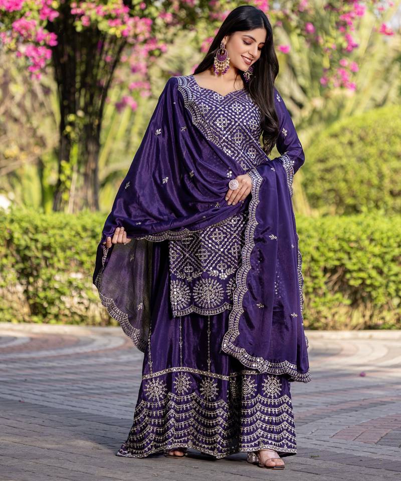 Purple festive wear designer chinon  readymade suit