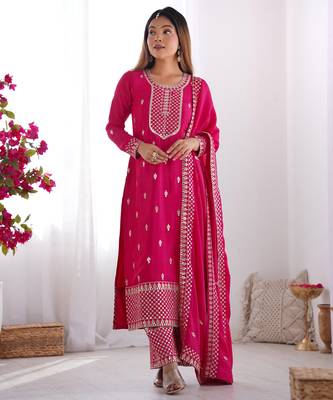 Pink festive wear designer pure chinon silk  readymade suit 1