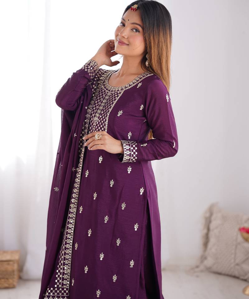 Wine festive wear designer pure chinon silk  readymade suit