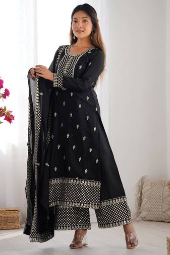 Black festive wear designer pure chinon silk  readymade suit