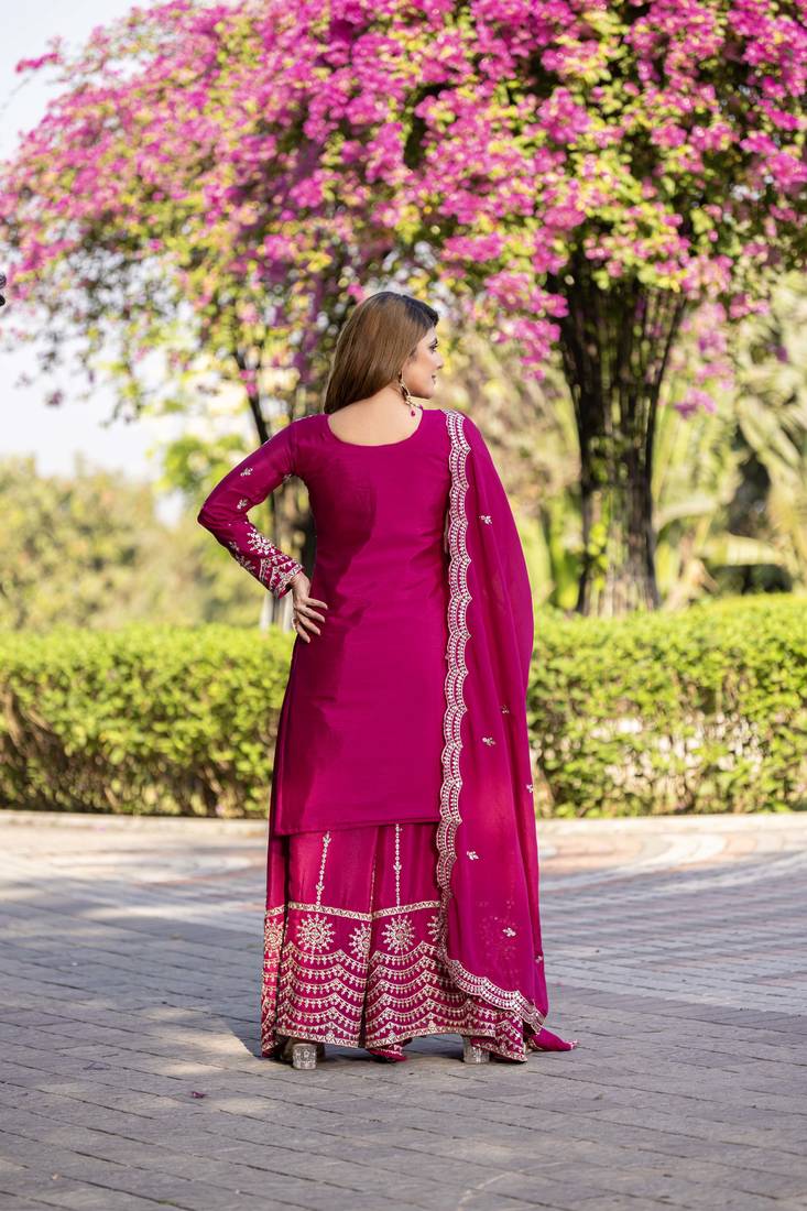 Rani pink festive wear designer chinon  readymade suit