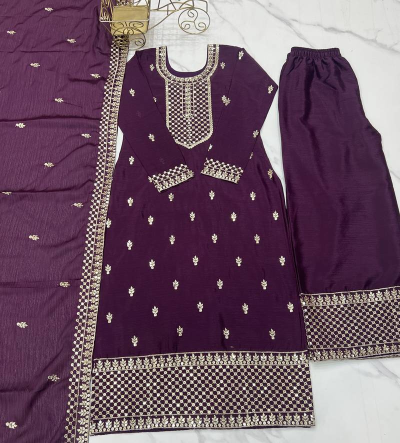 Wine festive wear designer pure chinon silk  readymade suit