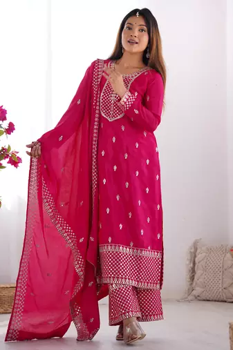 Pink festive wear designer pure chinon silk  readymade suit