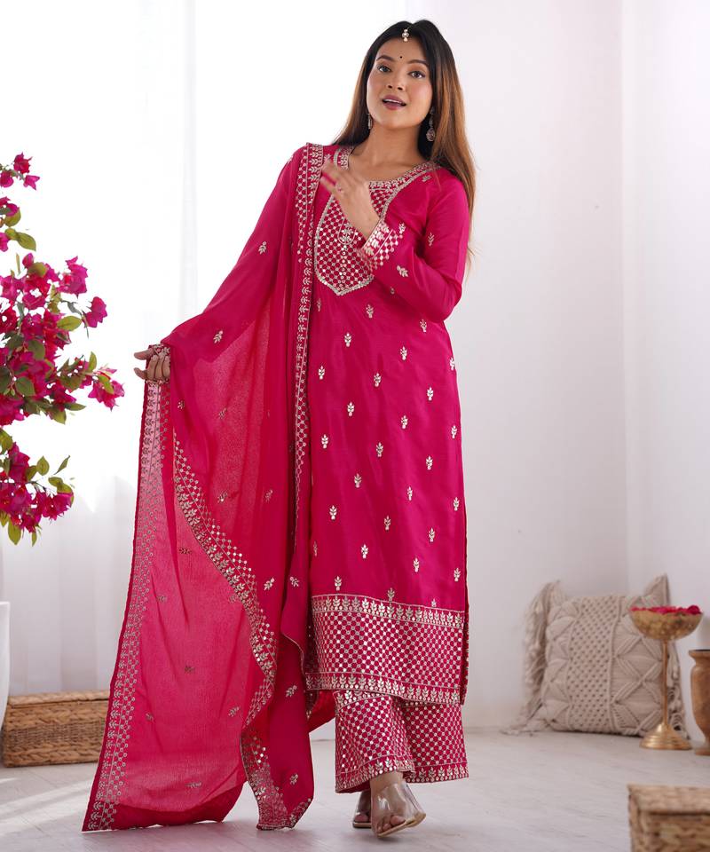 Pink festive wear designer pure chinon silk  readymade suit