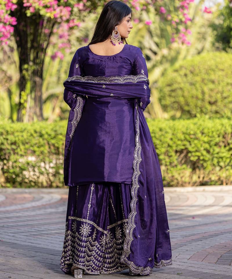 Purple festive wear designer chinon  readymade suit