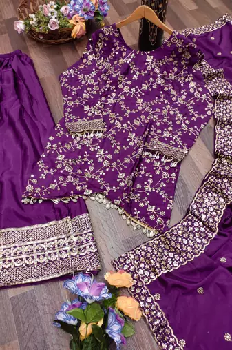 Purple festive wear designer chinon sequence embroidery work readymade suit
