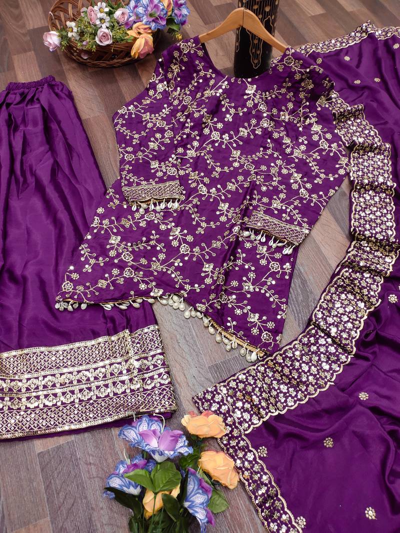 Purple festive wear designer chinon sequence embroidery work readymade suit