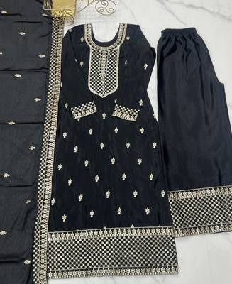 Black festive wear designer pure chinon silk  readymade suit 2
