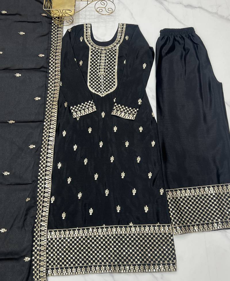 Black festive wear designer pure chinon silk  readymade suit