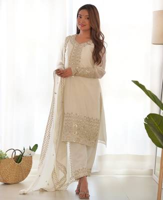 White festive wear designer pure chinon silk embroidery sequence & zari work readymade suit 1