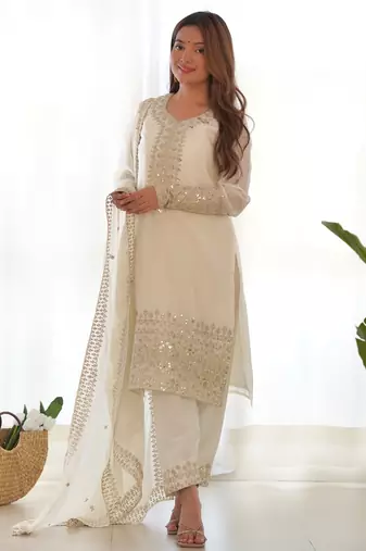 White festive wear designer pure chinon silk embroidery sequence & zari work readymade suit
