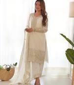 White festive wear designer pure chinon silk embroidery sequence & zari work readymade suit