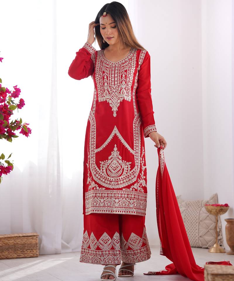 Red festive wear designer pure vichitra silk embroidery sequence work readymade suit