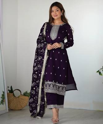 Wine festive wear designer pure blooming rangoli silk embroidery sequence & zari work readymade suit 1