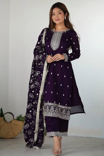 Wine festive wear designer pure blooming rangoli silk embroidery sequence & zari work readymade suit
