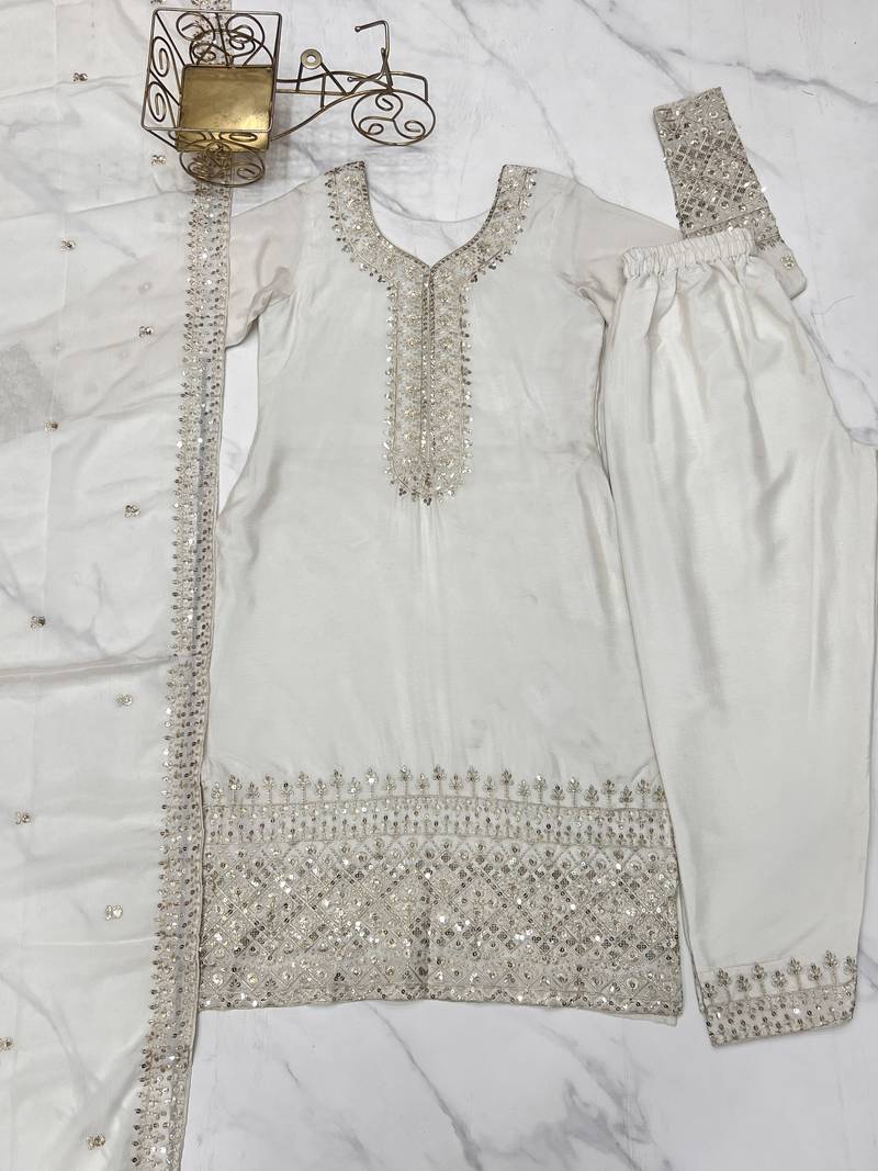 White festive wear designer pure chinon silk embroidery sequence & zari work readymade suit