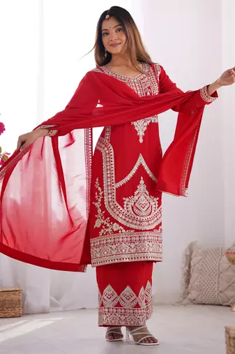 Red festive wear designer pure vichitra silk embroidery sequence work readymade suit