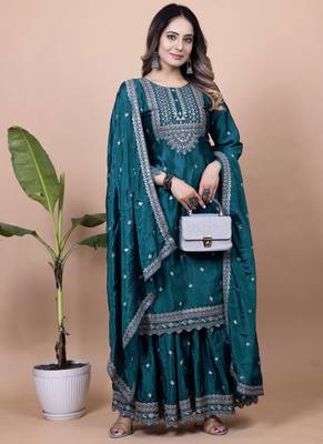 Teal festive wear designer chinon  readymade suit 1