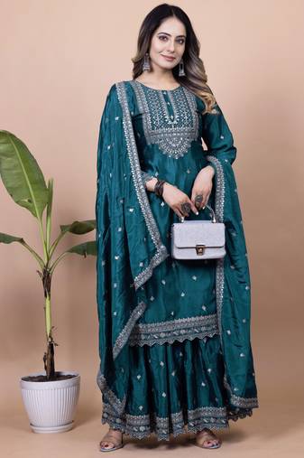 Teal festive wear designer chinon  readymade suit