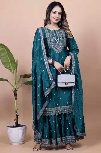 Teal festive wear designer chinon  readymade suit