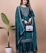 Teal festive wear designer chinon  readymade suit
