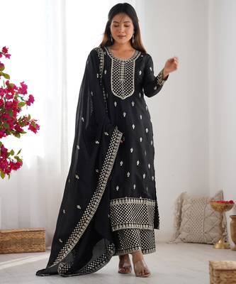 Black festive wear designer pure chinon silk  readymade suit 3