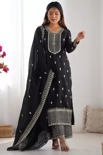 Black festive wear designer pure chinon silk  readymade suit