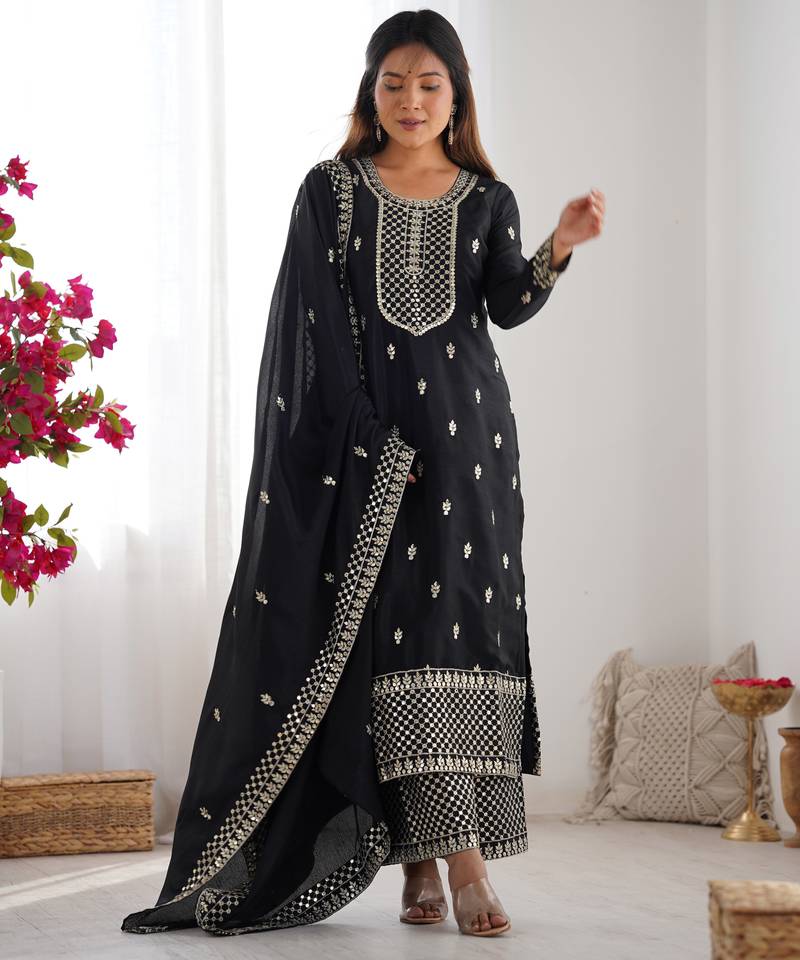 Black festive wear designer pure chinon silk  readymade suit