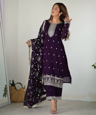Wine festive wear designer pure blooming rangoli silk embroidery sequence & zari work readymade suit 2
