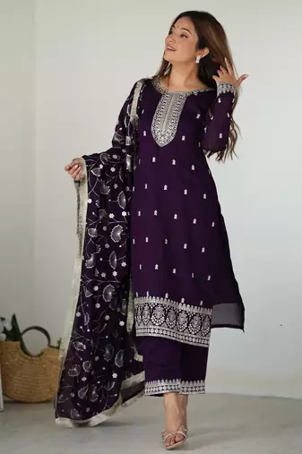 Wine festive wear designer pure blooming rangoli silk embroidery sequence & zari work readymade suit