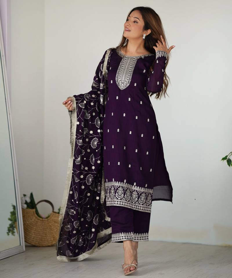 Wine festive wear designer pure blooming rangoli silk embroidery sequence & zari work readymade suit