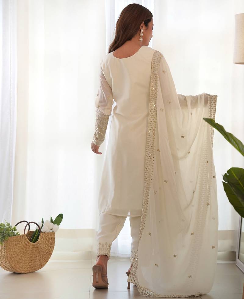White festive wear designer pure chinon silk embroidery sequence & zari work readymade suit