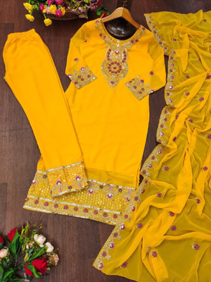 Yellow festive wear designer  fox georgette heavy embroidery sequence work readymade suit 4