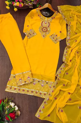 Yellow festive wear designer  fox georgette heavy embroidery sequence work readymade suit