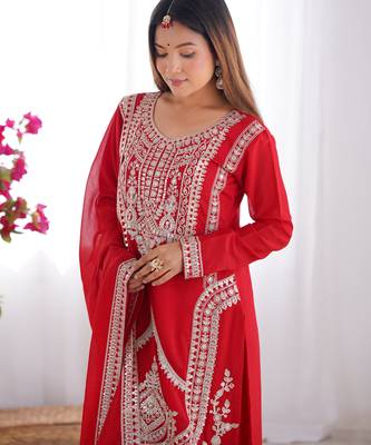 Red festive wear designer pure vichitra silk embroidery sequence work readymade suit 3