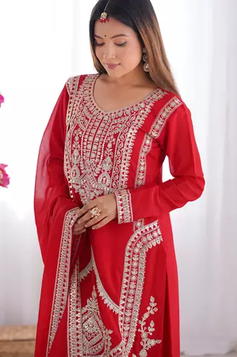Red festive wear designer pure vichitra silk embroidery sequence work readymade suit