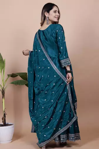 Teal festive wear designer chinon  readymade suit