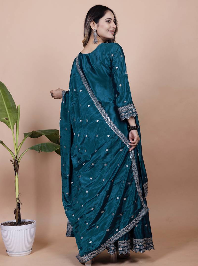 Teal festive wear designer chinon  readymade suit