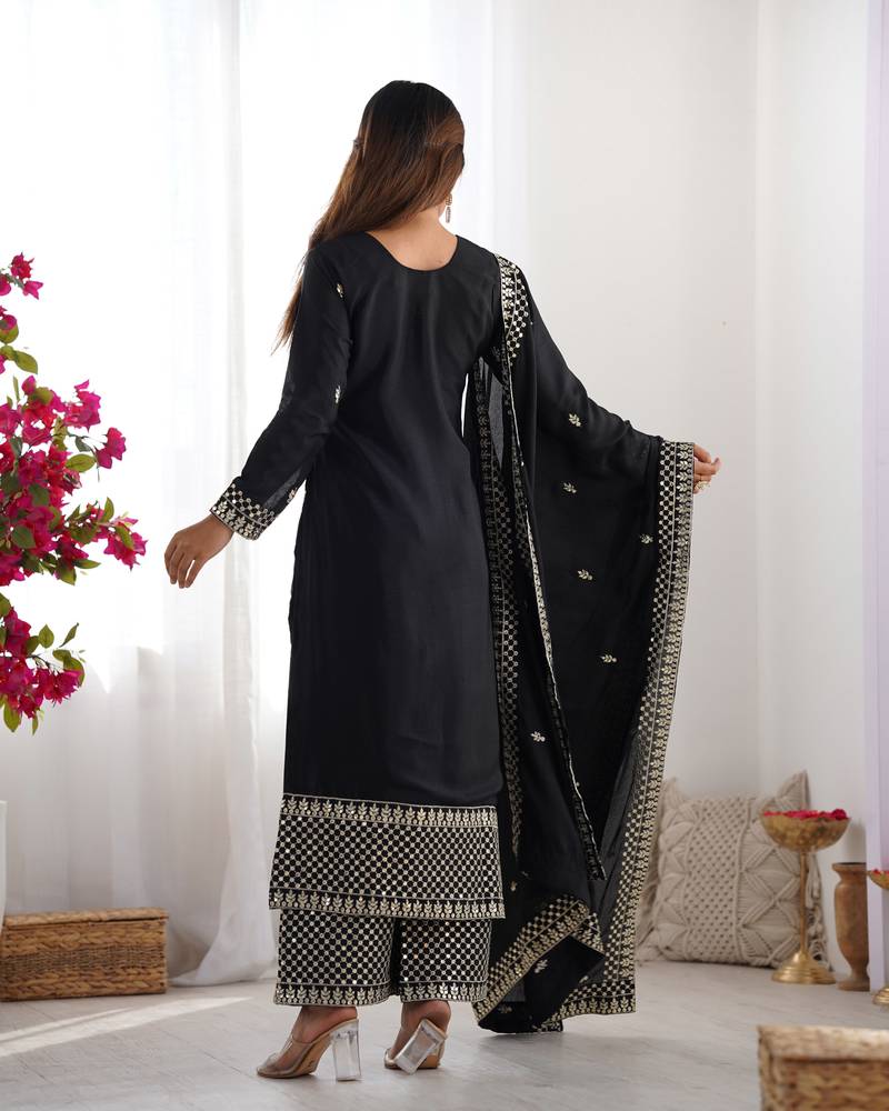 Black festive wear designer pure chinon silk  readymade suit