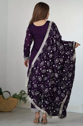 Wine festive wear designer pure blooming rangoli silk embroidery sequence & zari work readymade suit