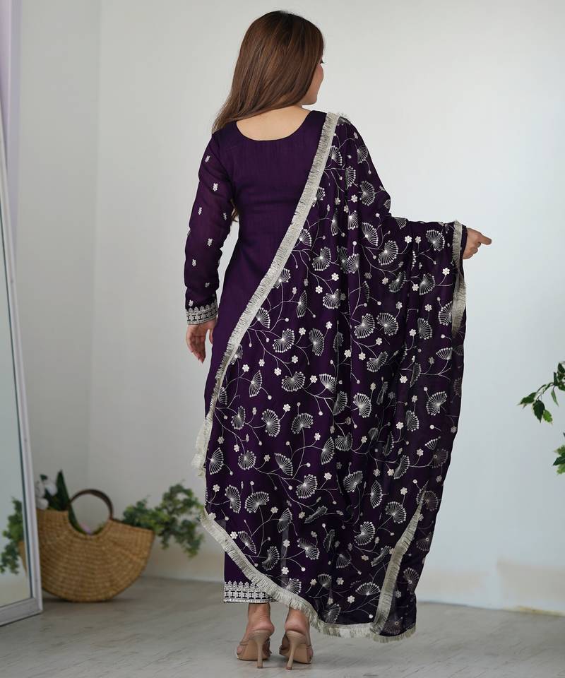 Wine festive wear designer pure blooming rangoli silk embroidery sequence & zari work readymade suit