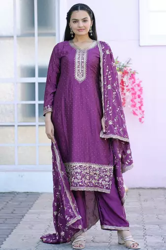 Purple festive wear designer chinon sequence embroidery work & stone work readymade suit