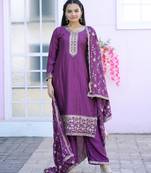 Purple festive wear designer chinon sequence embroidery work & stone work readymade suit