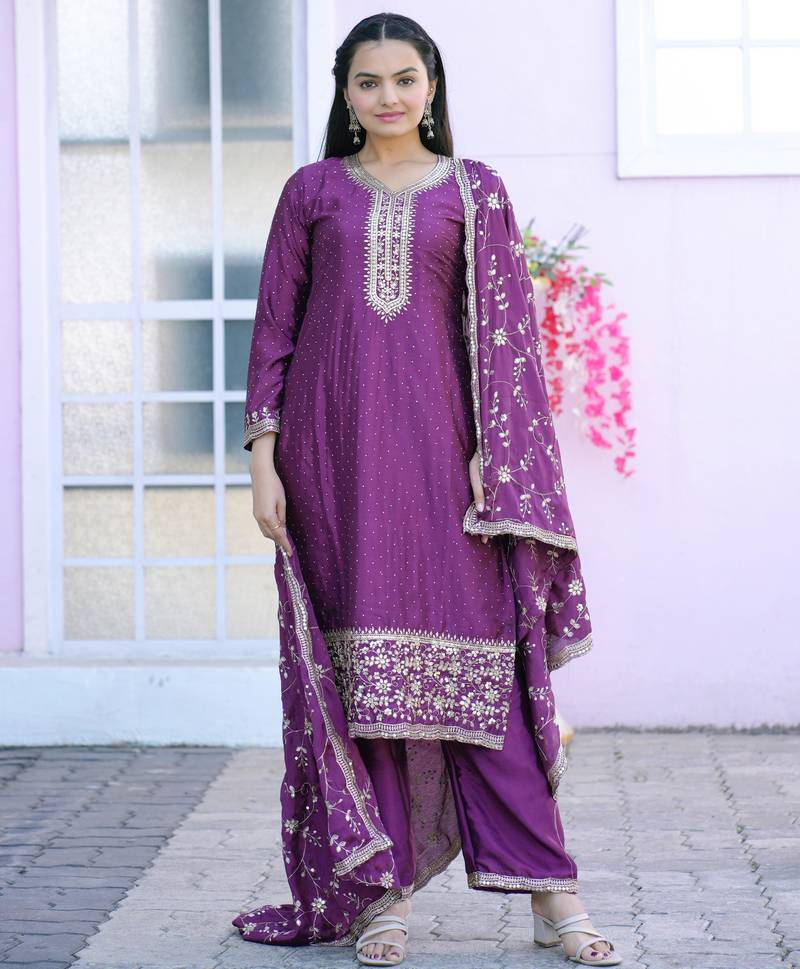 Purple festive wear designer chinon sequence embroidery work & stone work readymade suit