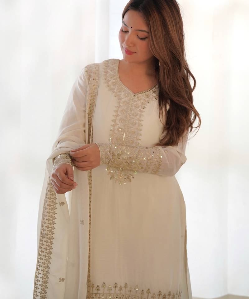 White festive wear designer pure chinon silk embroidery sequence & zari work readymade suit