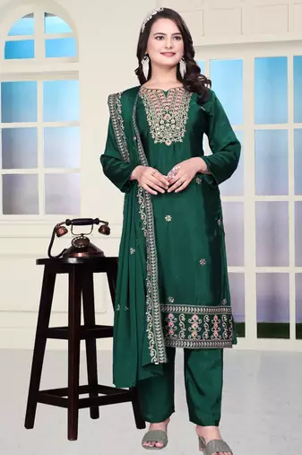 Green festive wear designer chinon coding sequence embroidery work readymade suit