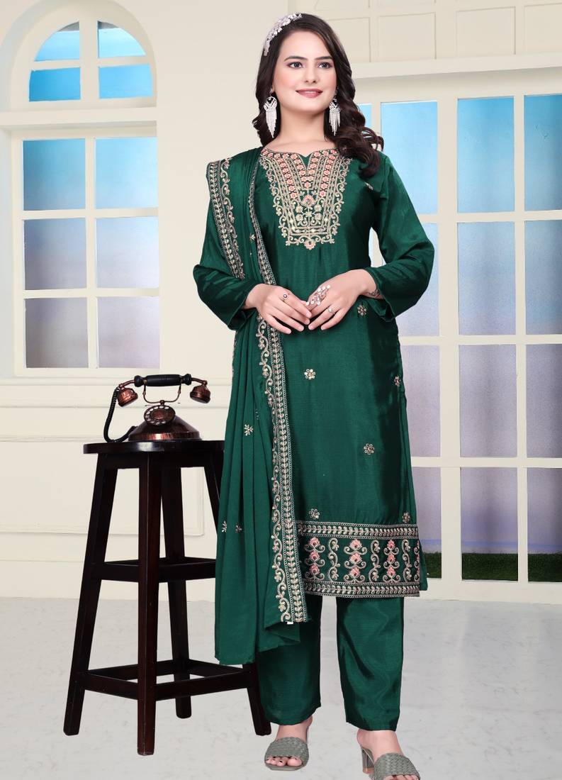 Green festive wear designer chinon coding sequence embroidery work readymade suit
