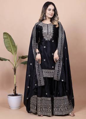 Black festive wear designer chinon sequence embroidery work readymade suit 1